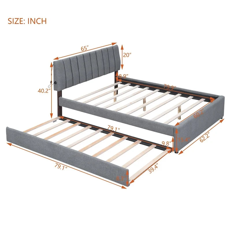 Letto imbottito con piattaforma a righe beige/grigio con letto estraibile – Matrimoniale francese/Matrimoniale, 2 posti letto