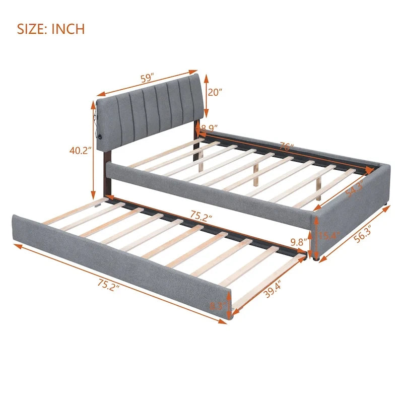 Letto imbottito con piattaforma a righe beige/grigio con letto estraibile – Matrimoniale francese/Matrimoniale, 2 posti letto