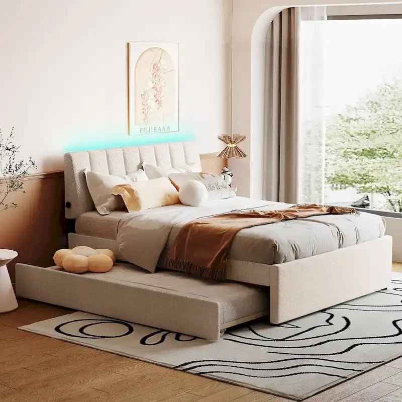 Letto imbottito con piattaforma a righe beige/grigio con letto estraibile – Matrimoniale francese/Matrimoniale, 2 posti letto