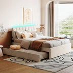 Letto imbottito con piattaforma a righe beige/grigio con letto estraibile – Matrimoniale francese/Matrimoniale, 2 posti letto