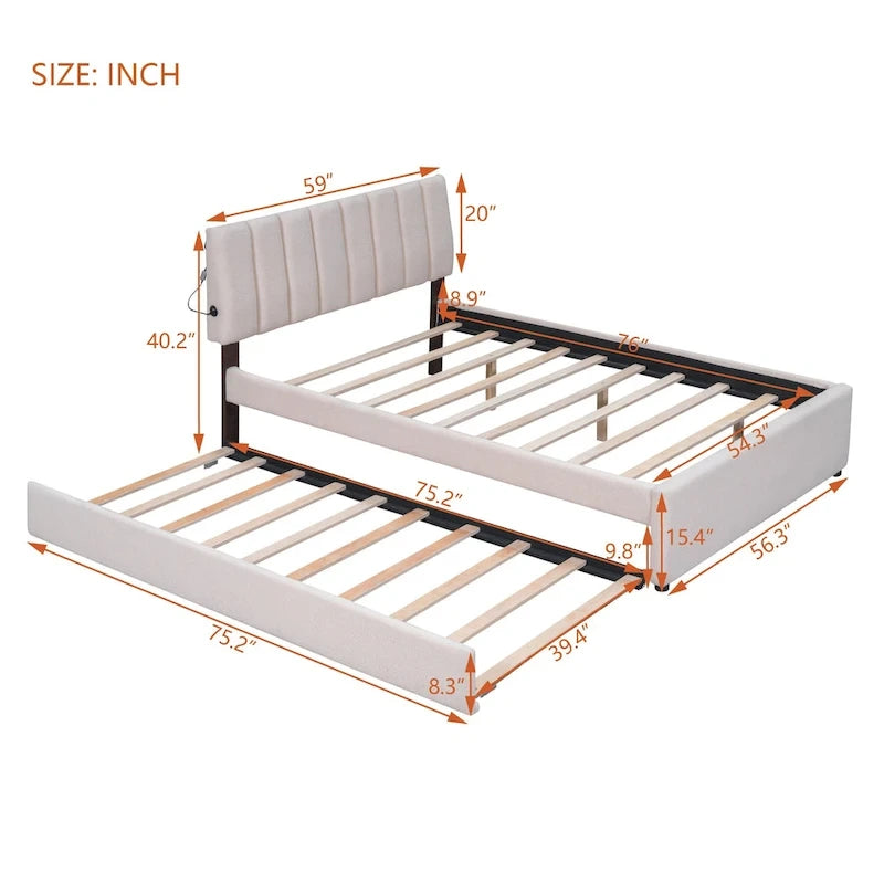 Letto imbottito con piattaforma a righe beige/grigio con letto estraibile – Matrimoniale francese/Matrimoniale, 2 posti letto