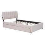 Letto imbottito con piattaforma a righe beige/grigio con letto estraibile – Matrimoniale francese/Matrimoniale, 2 posti letto