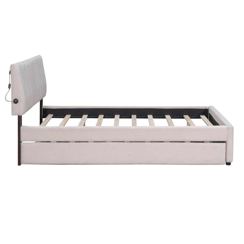 Letto imbottito con piattaforma a righe beige/grigio con letto estraibile – Matrimoniale francese/Matrimoniale, 2 posti letto
