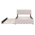 Letto imbottito con piattaforma a righe beige/grigio con letto estraibile – Matrimoniale francese/Matrimoniale, 2 posti letto