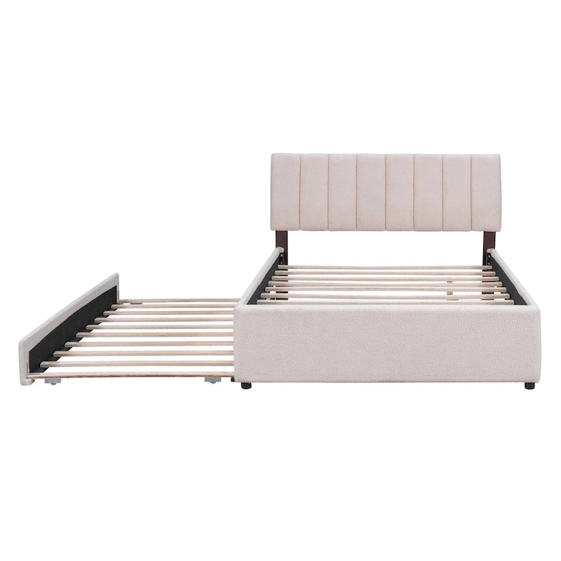 Letto imbottito con piattaforma a righe beige/grigio con letto estraibile – Matrimoniale francese/Matrimoniale, 2 posti letto
