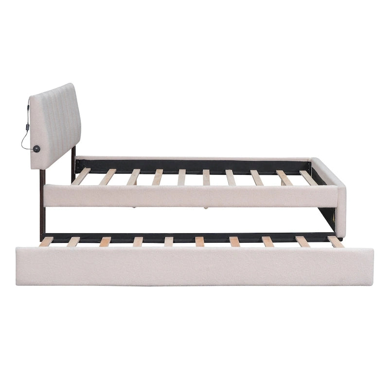 Letto imbottito con piattaforma a righe beige/grigio con letto estraibile – Matrimoniale francese/Matrimoniale, 2 posti letto