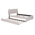 Letto imbottito con piattaforma a righe beige/grigio con letto estraibile – Matrimoniale francese/Matrimoniale, 2 posti letto