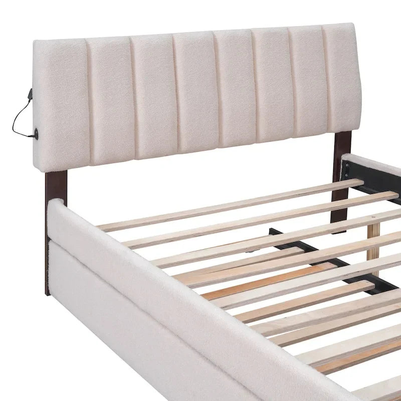 Letto imbottito con piattaforma a righe beige/grigio con letto estraibile – Matrimoniale francese/Matrimoniale, 2 posti letto
