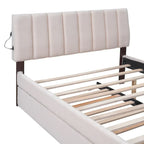 Letto imbottito con piattaforma a righe beige/grigio con letto estraibile – Matrimoniale francese/Matrimoniale, 2 posti letto