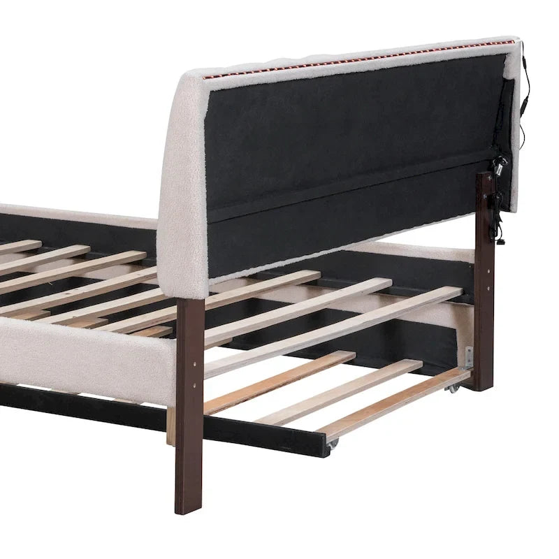 Letto imbottito con piattaforma a righe beige/grigio con letto estraibile – Matrimoniale francese/Matrimoniale, 2 posti letto