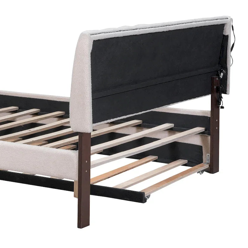 Letto imbottito con piattaforma a righe beige/grigio con letto estraibile – Matrimoniale francese/Matrimoniale, 2 posti letto