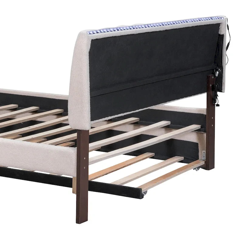 Letto imbottito con piattaforma a righe beige/grigio con letto estraibile – Matrimoniale francese/Matrimoniale, 2 posti letto