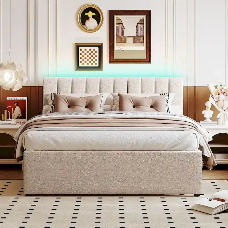 Letto imbottito con piattaforma a righe beige/grigio con letto estraibile – Matrimoniale francese/Matrimoniale, 2 posti letto