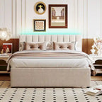 Letto imbottito con piattaforma a righe beige/grigio con letto estraibile – Matrimoniale francese/Matrimoniale, 2 posti letto