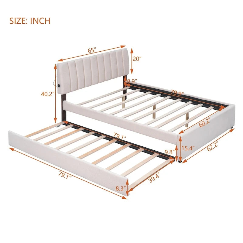 Letto imbottito con piattaforma a righe beige/grigio con letto estraibile – Matrimoniale francese/Matrimoniale, 2 posti letto