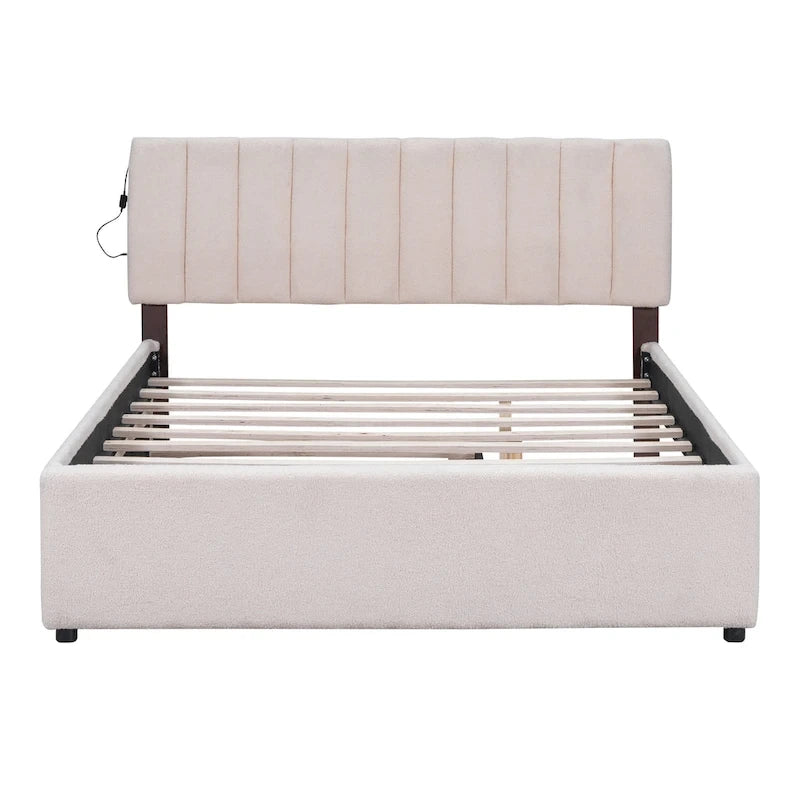 Letto imbottito con piattaforma a righe beige/grigio con letto estraibile – Matrimoniale francese/Matrimoniale, 2 posti letto