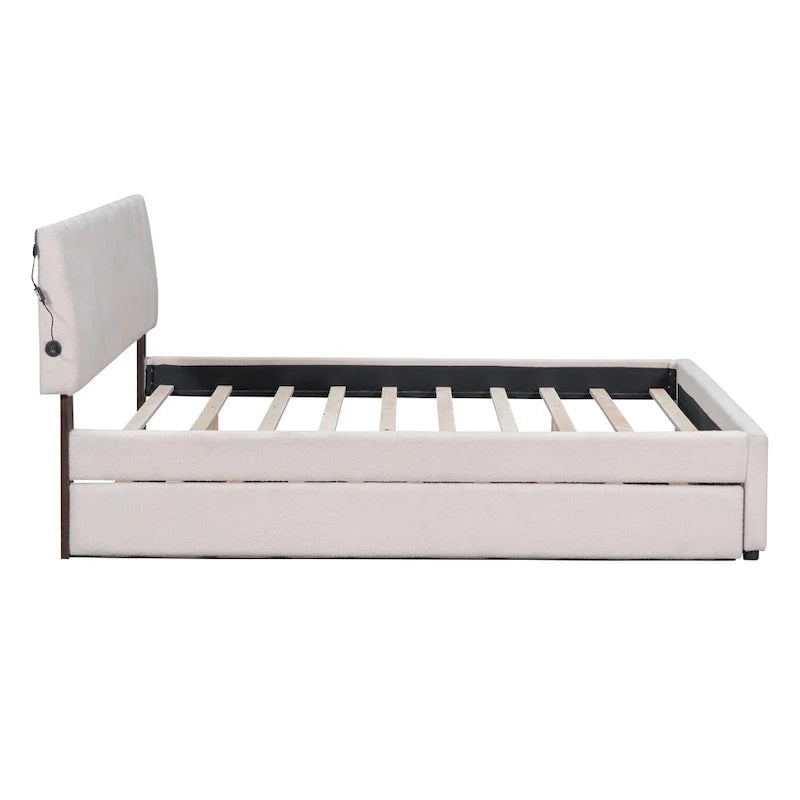 Letto imbottito con piattaforma a righe beige/grigio con letto estraibile – Matrimoniale francese/Matrimoniale, 2 posti letto