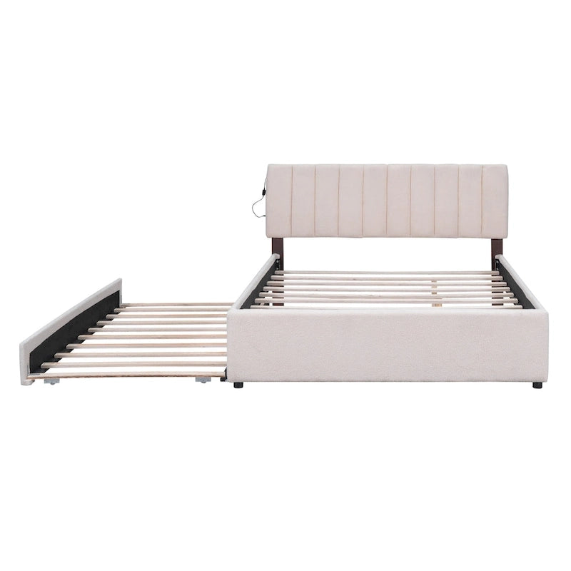 Letto imbottito con piattaforma a righe beige/grigio con letto estraibile – Matrimoniale francese/Matrimoniale, 2 posti letto