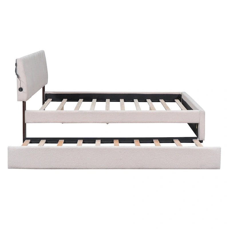 Letto imbottito con piattaforma a righe beige/grigio con letto estraibile – Matrimoniale francese/Matrimoniale, 2 posti letto