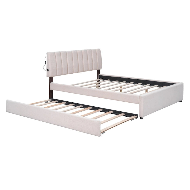 Letto imbottito con piattaforma a righe beige/grigio con letto estraibile – Matrimoniale francese/Matrimoniale, 2 posti letto