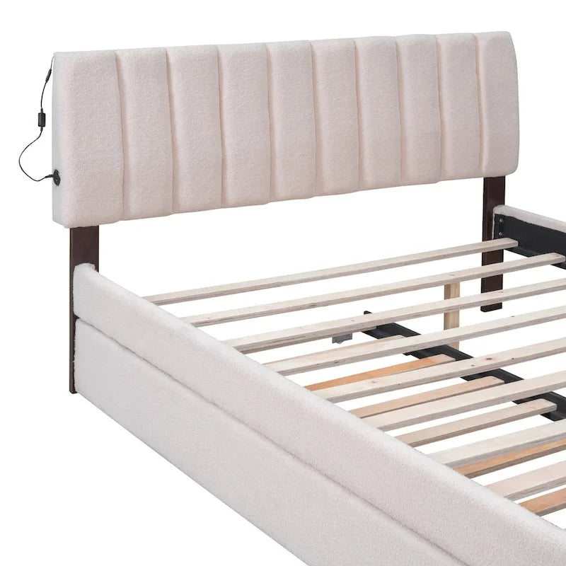 Letto imbottito con piattaforma a righe beige/grigio con letto estraibile – Matrimoniale francese/Matrimoniale, 2 posti letto