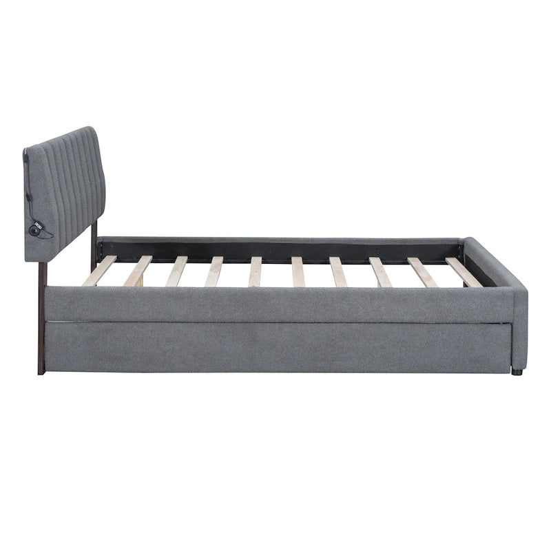Letto imbottito con piattaforma a righe beige/grigio con letto estraibile – Matrimoniale francese/Matrimoniale, 2 posti letto