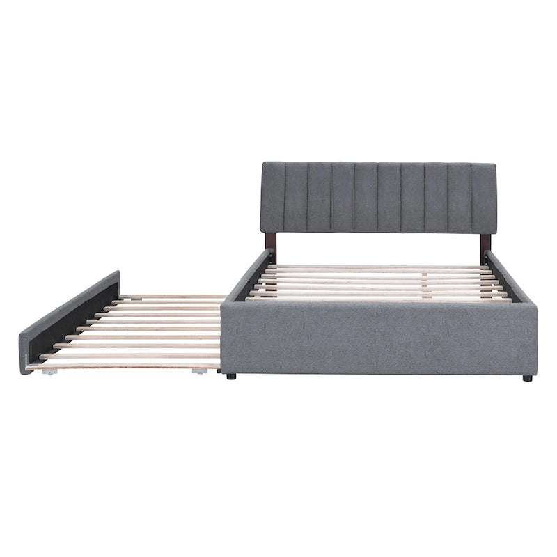 Letto imbottito con piattaforma a righe beige/grigio con letto estraibile – Matrimoniale francese/Matrimoniale, 2 posti letto