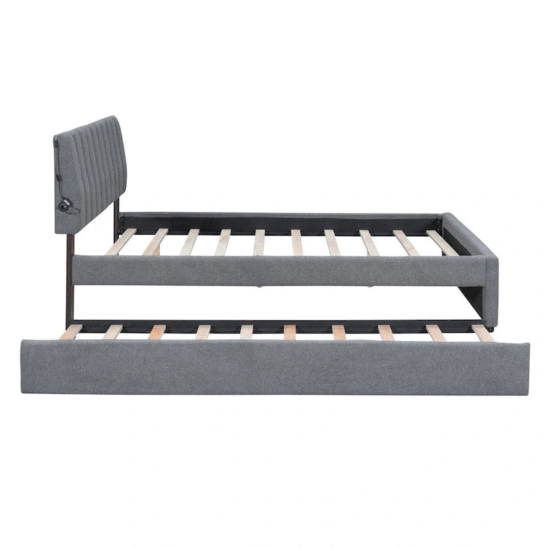 Letto imbottito con piattaforma a righe beige/grigio con letto estraibile – Matrimoniale francese/Matrimoniale, 2 posti letto