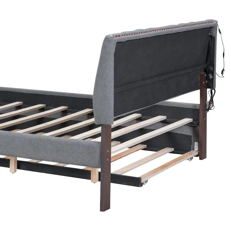 Letto imbottito con piattaforma a righe beige/grigio con letto estraibile – Matrimoniale francese/Matrimoniale, 2 posti letto