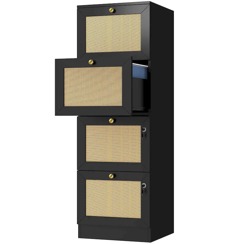 Cassettiera verticale a 4 cassetti in rattan bianco/nero con serratura