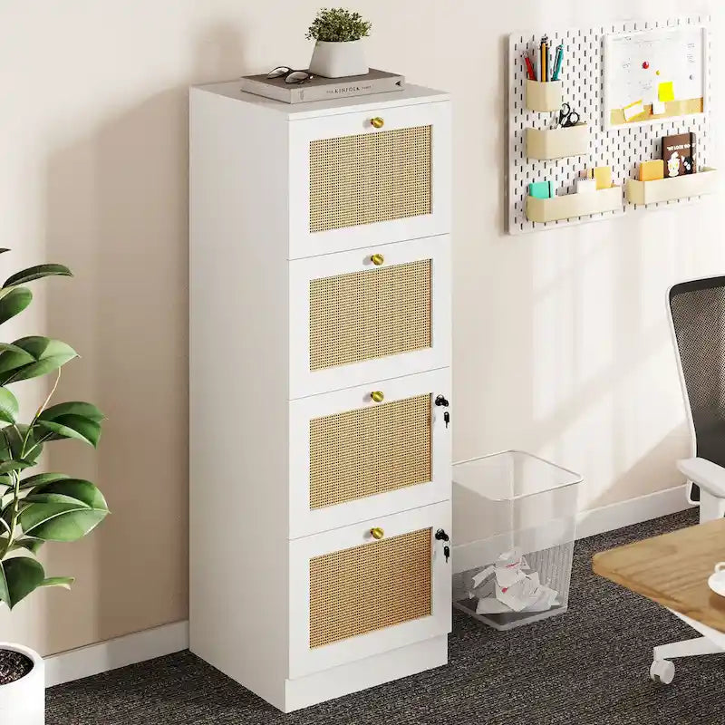 Cassettiera verticale a 4 cassetti in rattan bianco/nero con serratura
