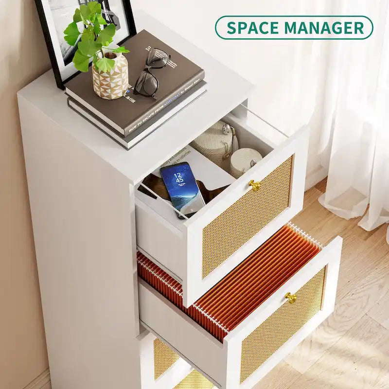 Cassettiera verticale a 4 cassetti in rattan bianco/nero con serratura