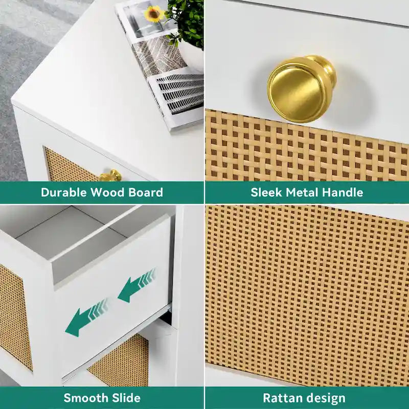Cassettiera verticale a 4 cassetti in rattan bianco/nero con serratura
