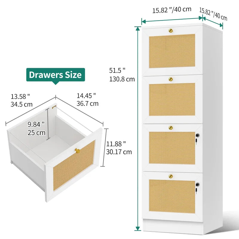 Cassettiera verticale a 4 cassetti in rattan bianco/nero con serratura