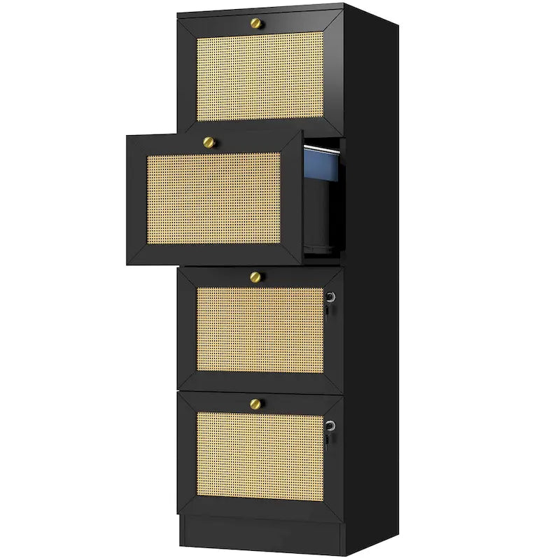 Cassettiera verticale a 4 cassetti in rattan bianco/nero con serratura