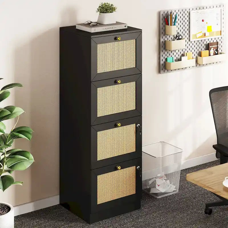 Cassettiera verticale a 4 cassetti in rattan bianco/nero con serratura