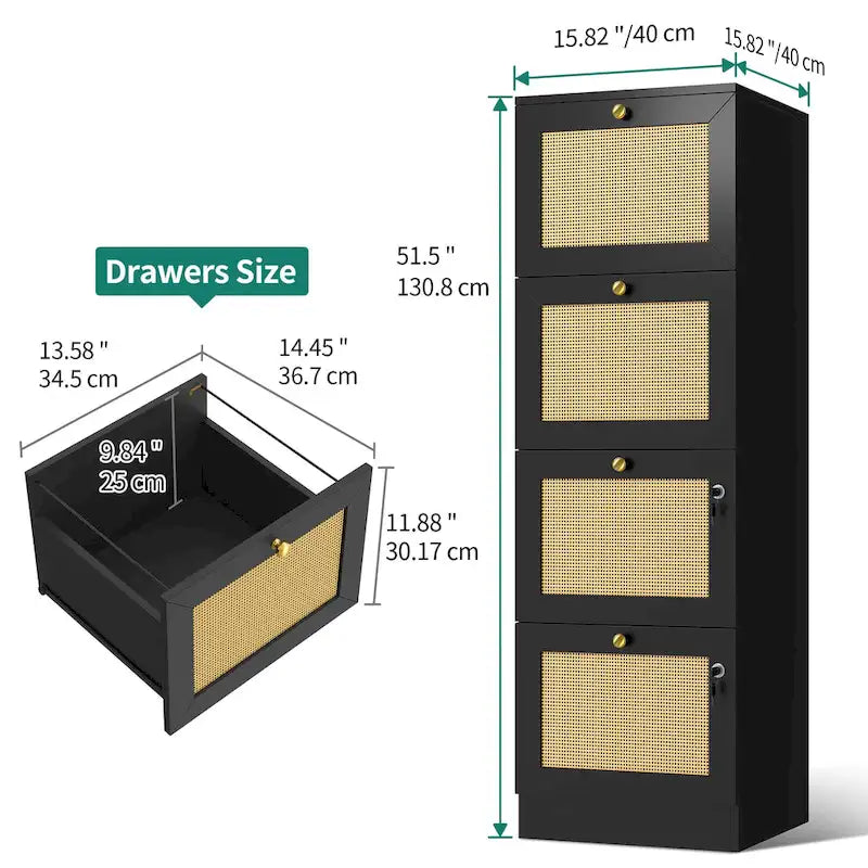 Cassettiera verticale a 4 cassetti in rattan bianco/nero con serratura