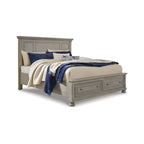 Letto contenitore con pannello grigio chiaro con 2 cassetti - King / California King / Queen
