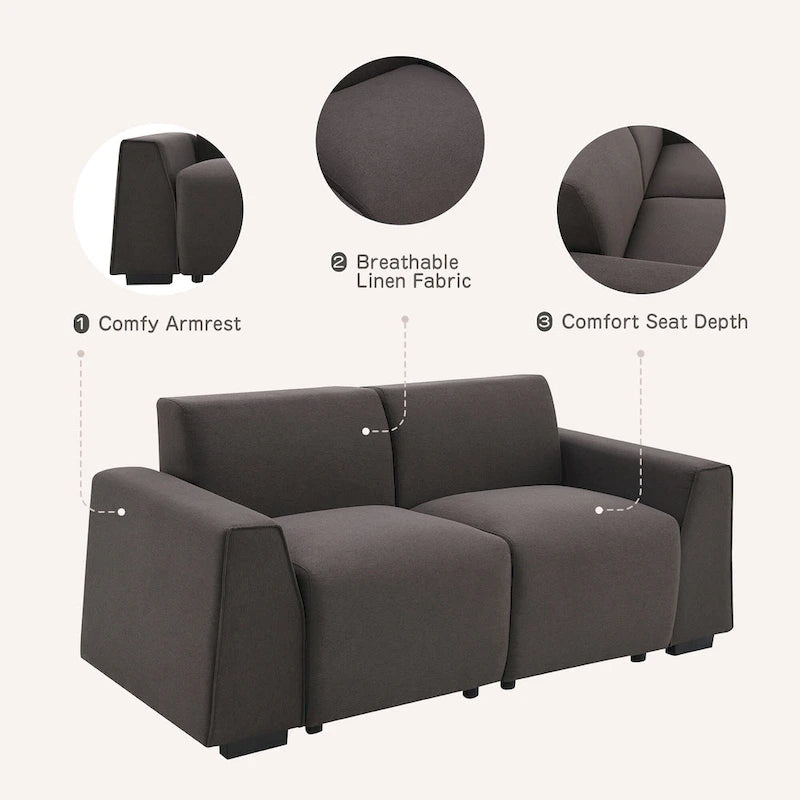 Divano 2-3 Posti in Lino Grigio, 180 cm di Larghezza, Stile Minimalista
