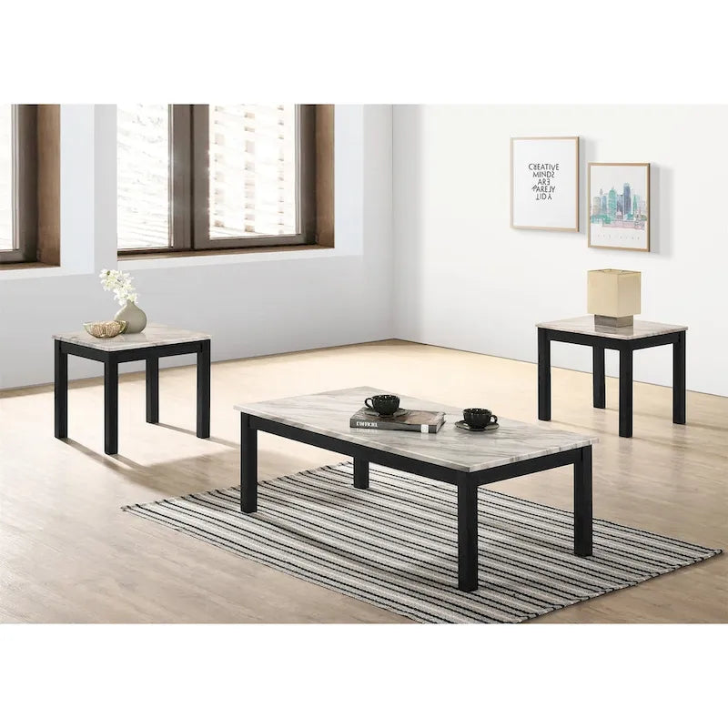Set Tavolini da Caffè con Ripiano in Finto Marmo Nero / Bianco e Nero – 3 Pezzi