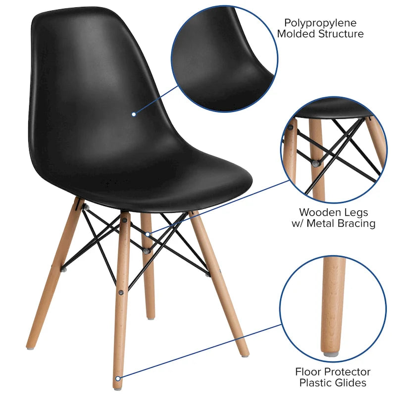 Sedia laterale in plastica stampata multicolore con gambe in legno, singola