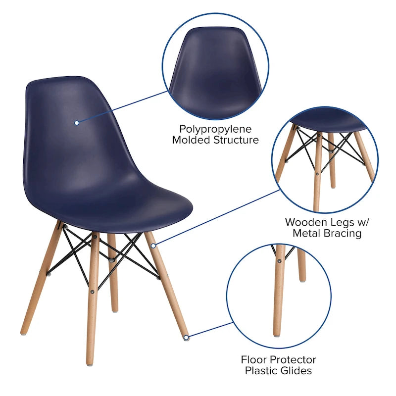 Sedia laterale in plastica stampata multicolore con gambe in legno, singola