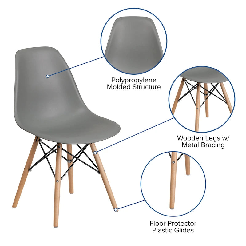 Sedia laterale in plastica stampata multicolore con gambe in legno, singola