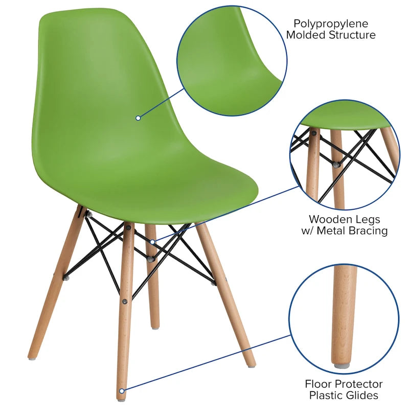Sedia laterale in plastica stampata multicolore con gambe in legno, singola