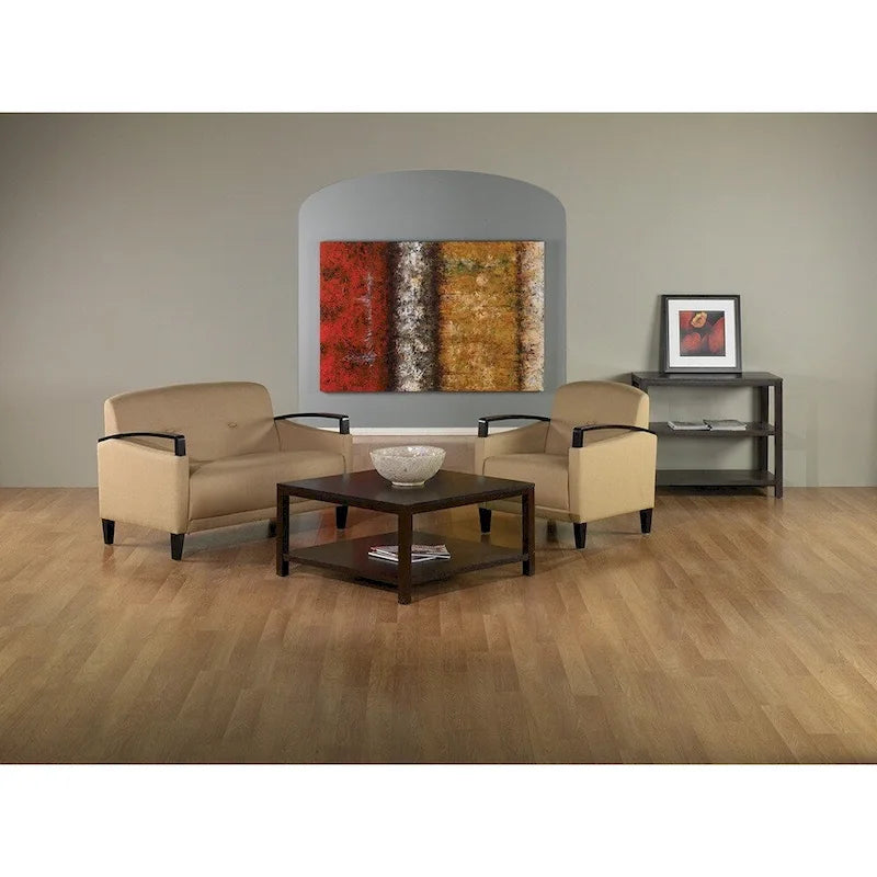Divanetto a 2 Posti Interwoven Weave – Verde / Giallo / Grigio / Blu, Gambe in Legno Espresso
