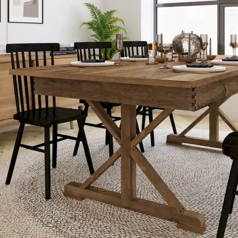 Tavolo da Pranzo Pieghevole Antico in Pino Massiccio Rustico, Gambe a X, Posti 8