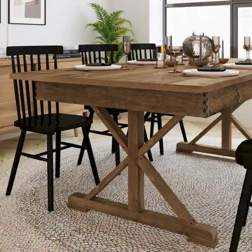 Tavolo da Pranzo Pieghevole Antico in Pino Massiccio Rustico, Gambe a X, Posti 8