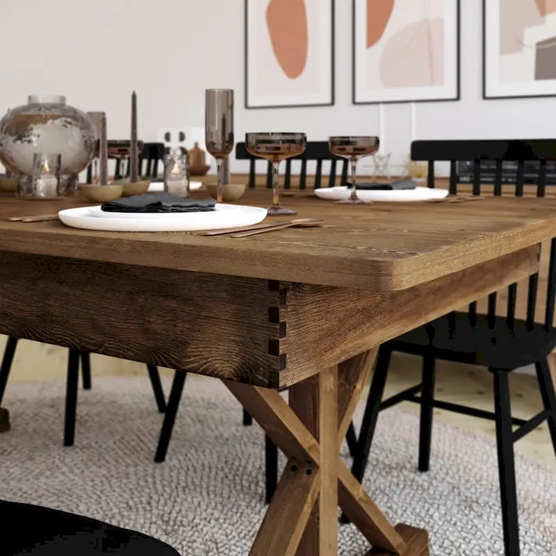 Tavolo da Pranzo Pieghevole Antico in Pino Massiccio Rustico, Gambe a X, Posti 8