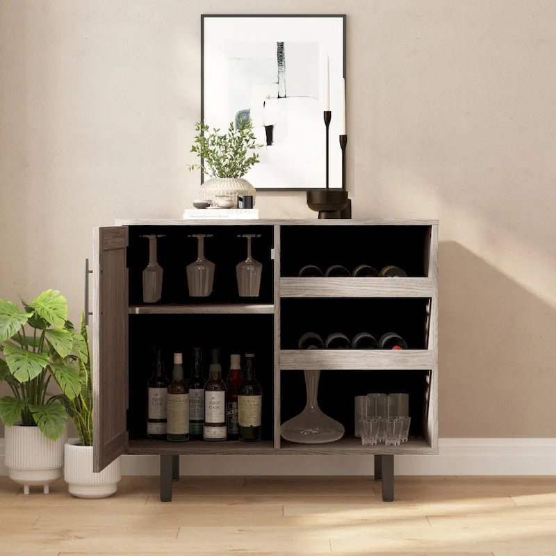 Mobile credenza/bar grigio/marrone chiaro/nero – spazio contenitivo aperto e chiuso, utente singolo