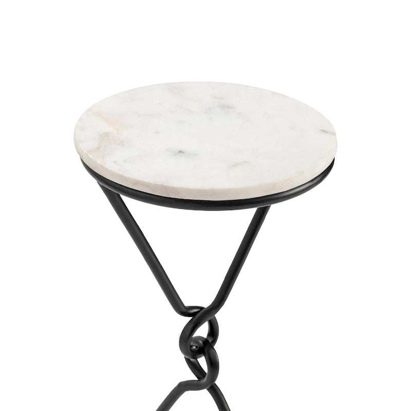Tavolino rotondo d'appoggio con piano in marmo bianco e nero, 1 persona, 33x33x58,4 cm